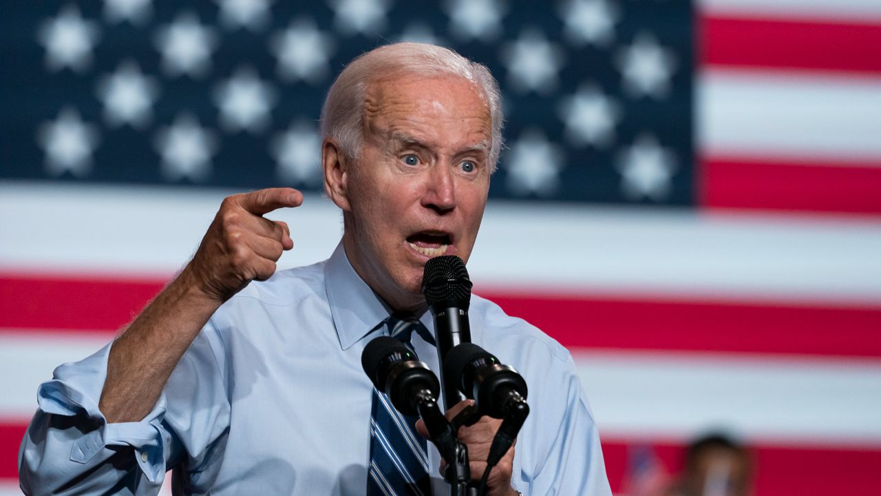 President Joe Biden speaks during a rally for the Democratic National Committee at Richard Montgomery High School, Thursday, Aug. 25, 2022, in Rockville, Md. (AP Photo/Alex Brandon)