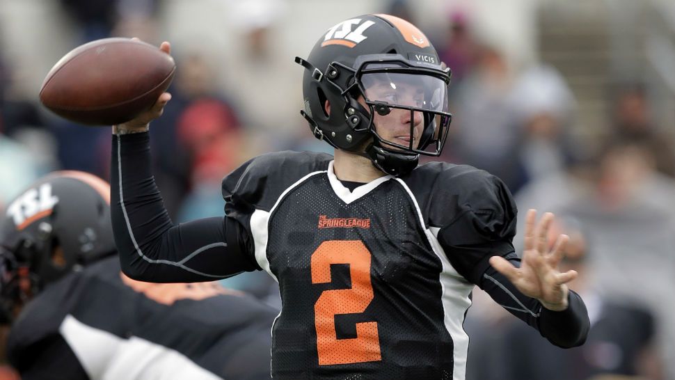 Former Heisman Trophy-winning quarterback Johnny Manziel (2) looks to throw during a developmental Spring League football game, Saturday, April 7, 2018, in Austin, Texas. Manziel is hoping to impress NFL scouts in his bid to return to the league. (AP Photo/Eric Gay)