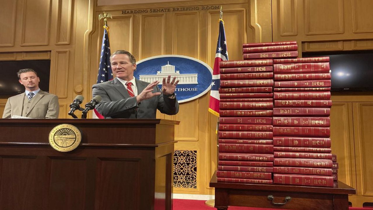 GOP Lt. Gov. Jon Husted discusses his support for legislation meant to reduce state government regulations including the replacement of required in-person appointments with online meetings, on Tuesday, Dec. 14, 2021, in Columbus, Ohio.  (AP Photo/Andrew Welsh-Huggins)