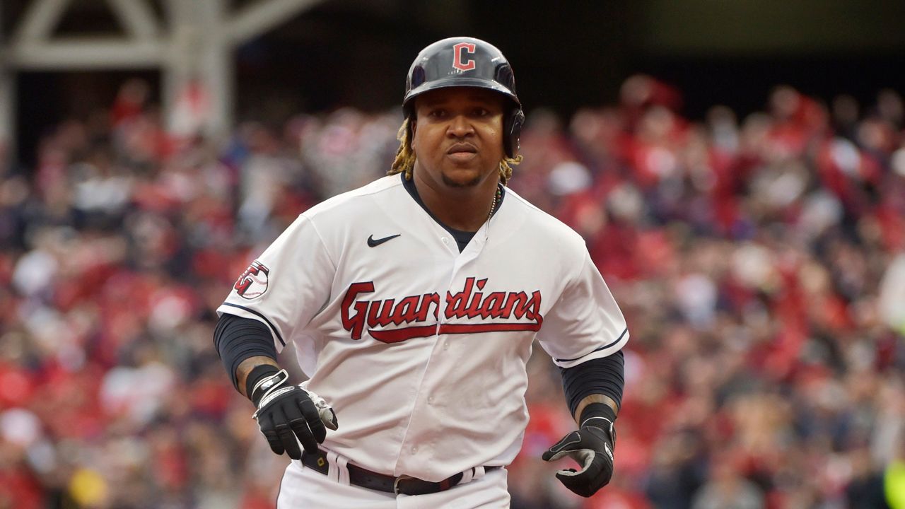 Cleveland Guardians' Jose Ramirez runs the bases after a two-run home run in the sixth inning of a wild card baseball playoff game against the Tampa Bay Rays, Friday, Oct. 7, 2022, in Cleveland. (AP Photo/Phil Long)