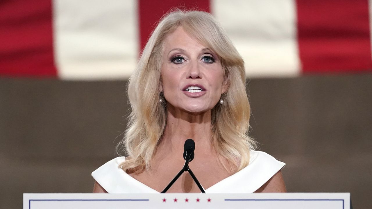 Kellyanne Conway tapes her speech for the third day of the Republican National Convention from the Andrew W. Mellon Auditorium in Washington, Aug. 26, 2020. (AP Photo/Susan Walsh, File)