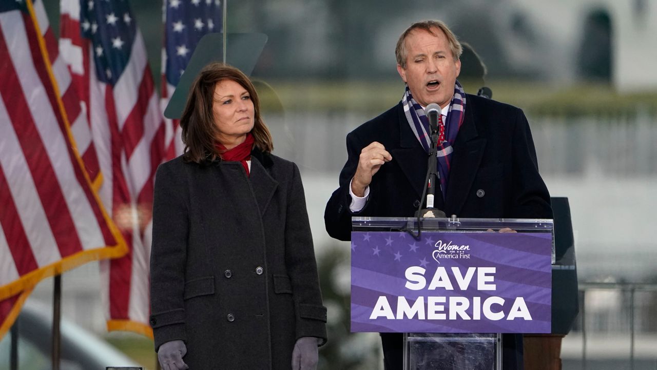 Texas Attorney General Ken Paxton speaks Wednesday, Jan. 6, 2021, in Washington, at a rally in support of President Donald Trump called the "Save America Rally." (AP Photo/Jacquelyn Martin)