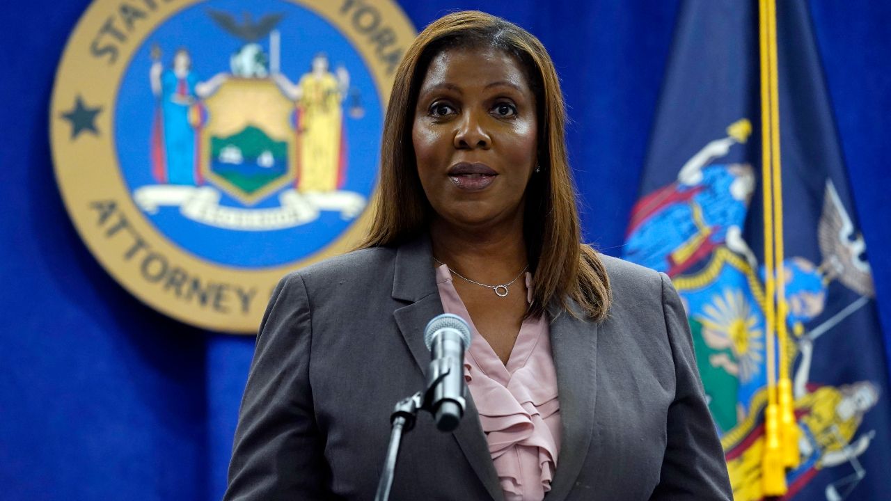 A picture of Letitia James at a microphone. 