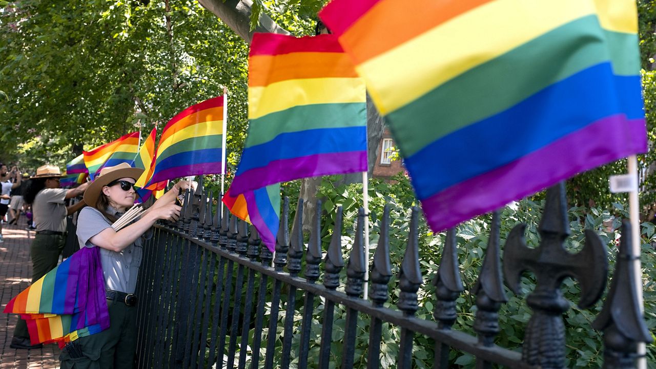 LGBT flags along a fence.