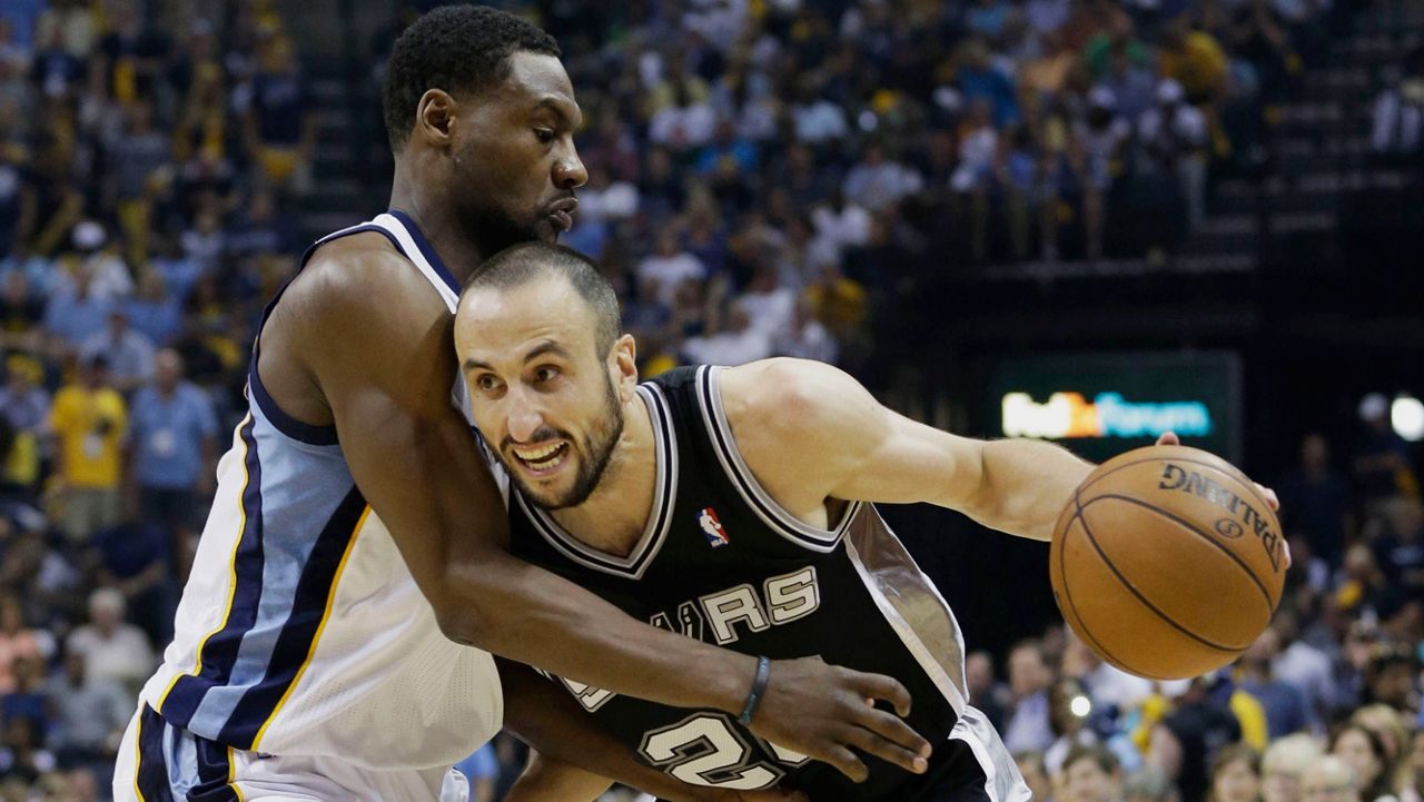 In this file photo, Memphis Grizzlies guard Tony Allen, left, defends San Antonio Spurs guard Manu Ginobili, during the second half in Game 3 of the Western Conference finals NBA basketball playoff series in Memphis, Tenn., Saturday, May 25, 2013. (AP Photo/Danny Johnston)