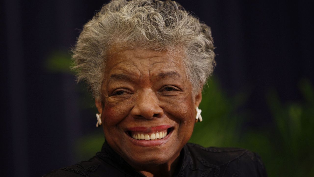 FILE - In this Nov. 21, 2008 file photo, author Maya Angelou at the State Department in Washington. (AP Photo/Gerald Herbert, File)