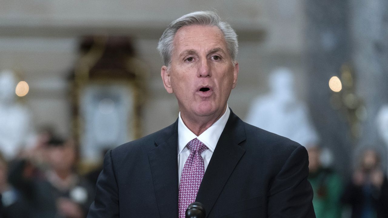 Speaker of the House Kevin McCarthy, R-Calif., meets with reporters at the Capitol in Washington, Thursday, Feb. 2, 2023. (AP Photo/Jose Luis Magana)