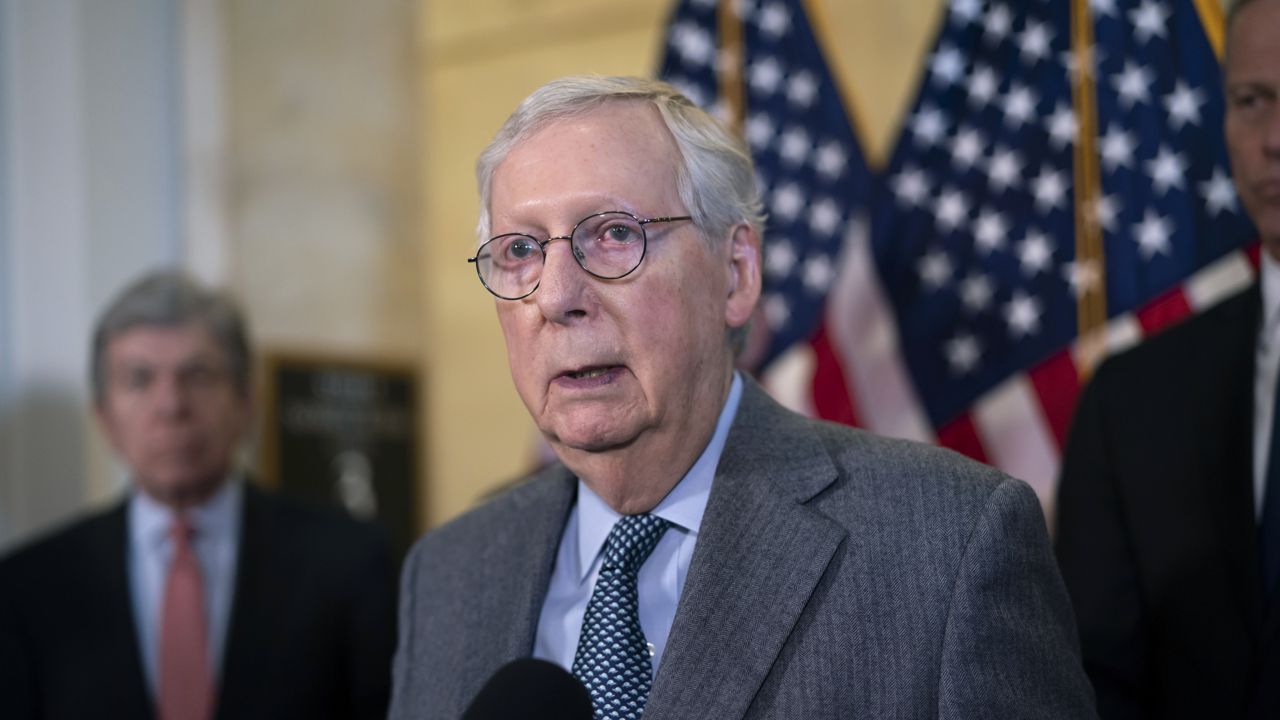 FILE - Senate Minority Leader Mitch McConnell, R-Ky., speaks to reporters after a Republican strategy meeting at the Capitol in Washington, Feb. 15, 2022. (AP Photo/J. Scott Applewhite, File)