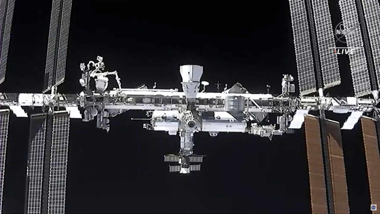 FILE - This image made from NASA TV shows the international space station on Saturday, April 24, 2021.(NASA via AP, File)