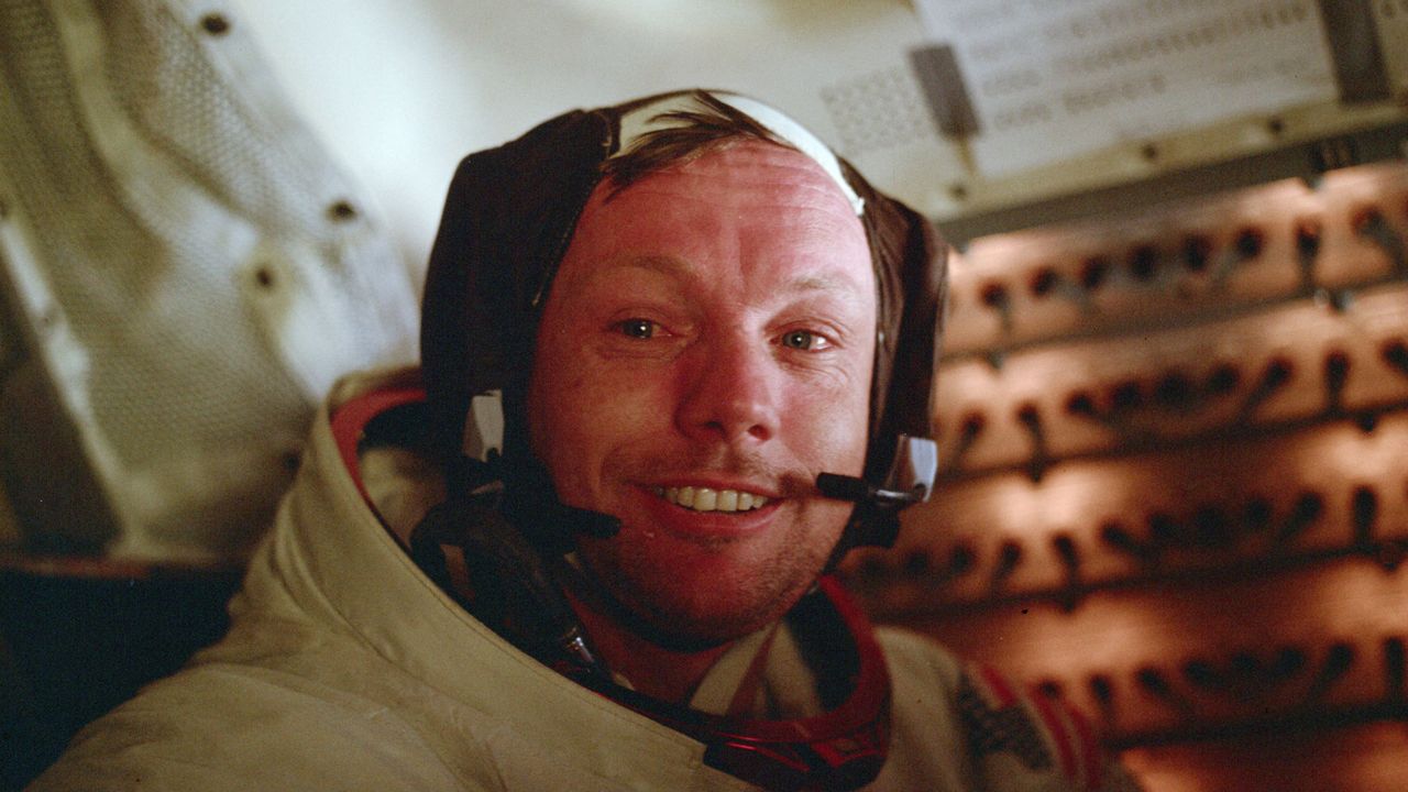 In this July 21, 1969 photo made available by NASA, astronaut Neil Armstrong, Apollo 11 commander, sits inside the Lunar Module after he and Buzz Aldrin completed their extravehicular activity on the surface of the moon. (Buzz Aldrin/NASA via AP)