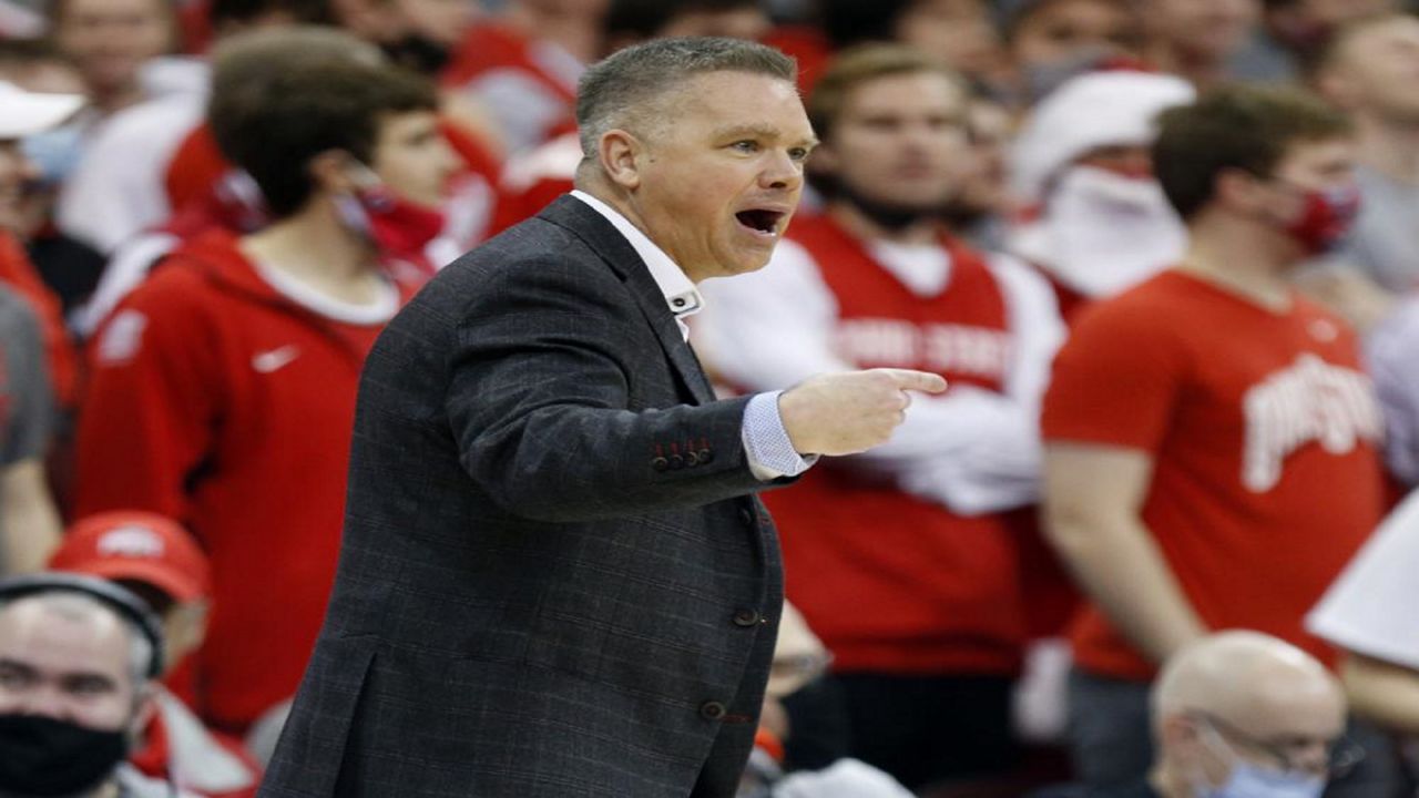 Ohio State coach Chris Holtmann directs his team during the first half of an NCAA college basketball game against Wisconsin in Columbus, Ohio, Saturday, Dec. 11, 2021. Ohio State won 73-55. (AP Photo/Paul Vernon)