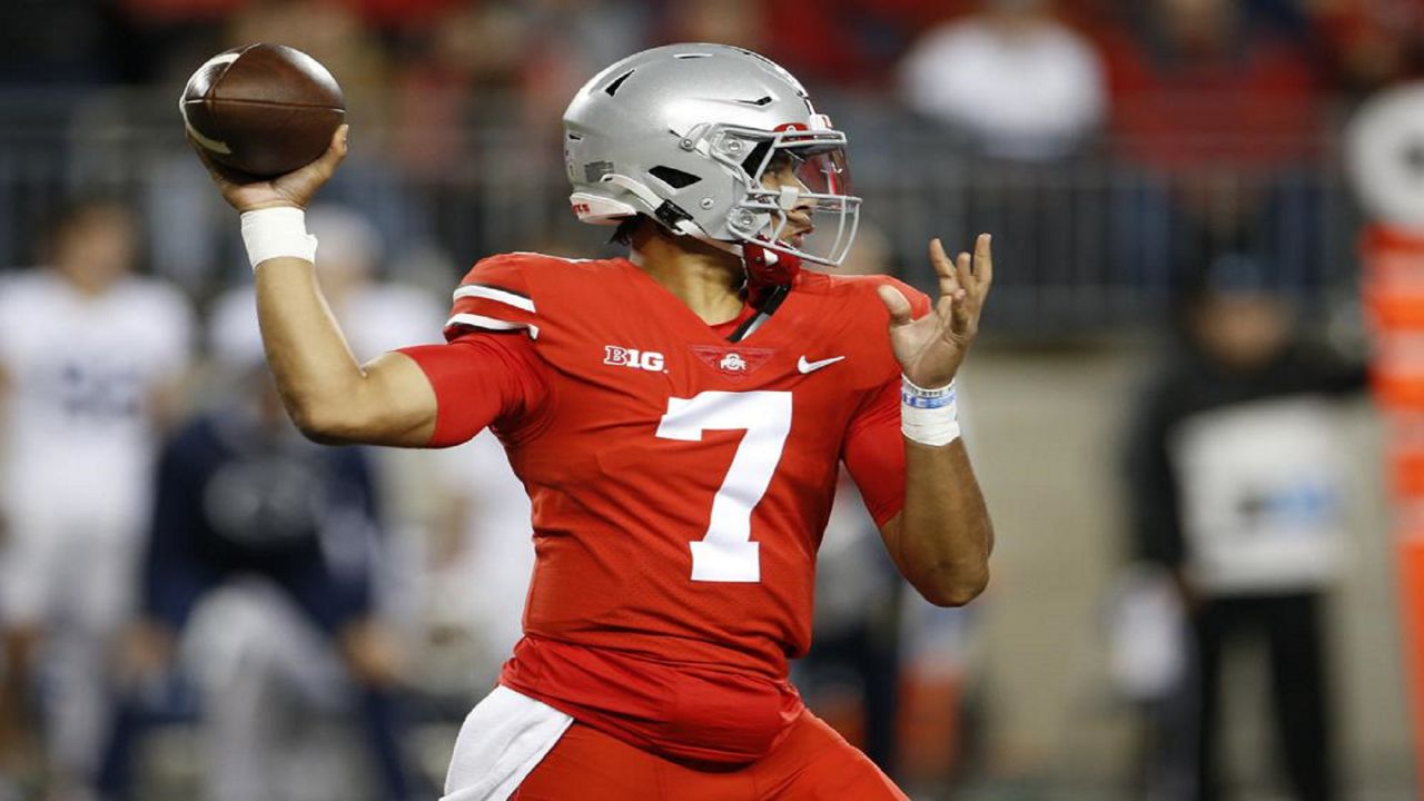 Ohio State quarterback C.J. Stroud throws a pass against Penn State during the first half of an NCAA college football game Saturday, Oct. 30, 2021, in Columbus, Ohio. Ohio State won 33-24. (AP Photo/Jay LaPrete)