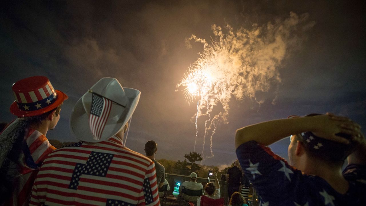 Spectators watch Fourth of July fireworks at Ault Park, Monday, July 4, 2016, in Cincinnati. (AP Photo/John Minchillo)