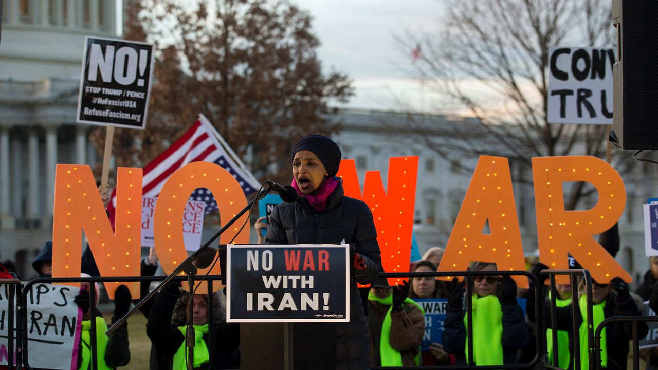 Rep. Ilhan Omar, D-Minn. speaks during the rally outside of the U.S. Capitol, during a house vote to measure limiting President Donald Trump's ability to take military action against Iran, on Capitol Hill, in Washington, Thursday, Jan. 9, 2020. (AP Photo/Jose Luis Magana)