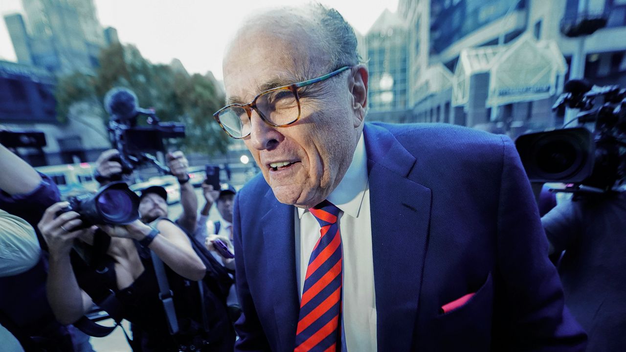 Rudy Giuliani arrives at the Fulton County Courthouse on Wednesday, Aug. 17, 2022, in Atlanta. (AP Photo/John Bazemore, File)