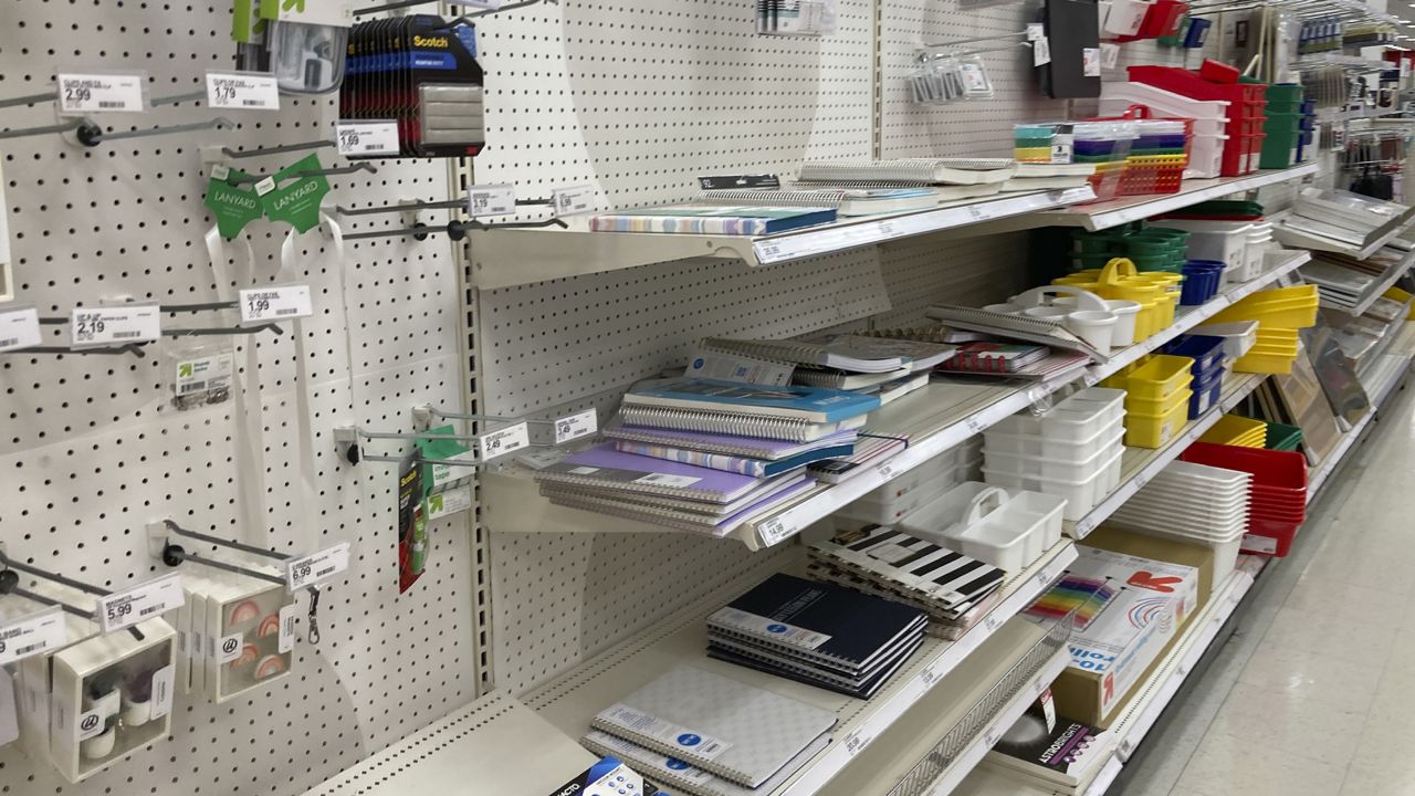 School supplies are in short supply in the school section of a Target store Wednesday, July 20, 2022, in Aurora, Colo. (AP Photo/David Zalubowski)