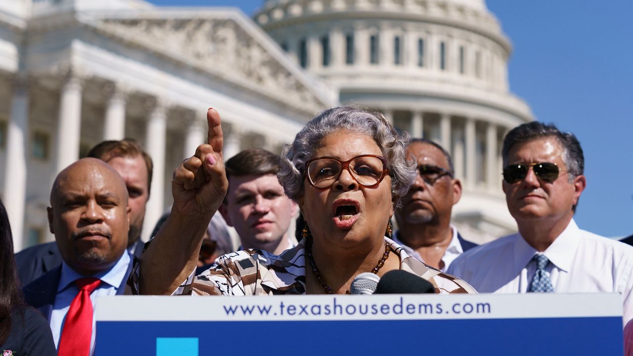 FILE - In this July 13, 2021, file photo Texas State Rep. Senfronia Thompson, dean of the Texas House of Representatives, speaks as Democratic members of the Texas legislature hold a news conference at the Capitol in Washington. Texas Democrats are starting a second week of holing up in Washington to block new voting laws back home. More than 50 Democrats in the Texas House of Representatives had plans Monday to continue on a media blitz in the nation's capital and pressure Congress to act on federal voting rights. (AP Photo/J. Scott Applewhite, File)