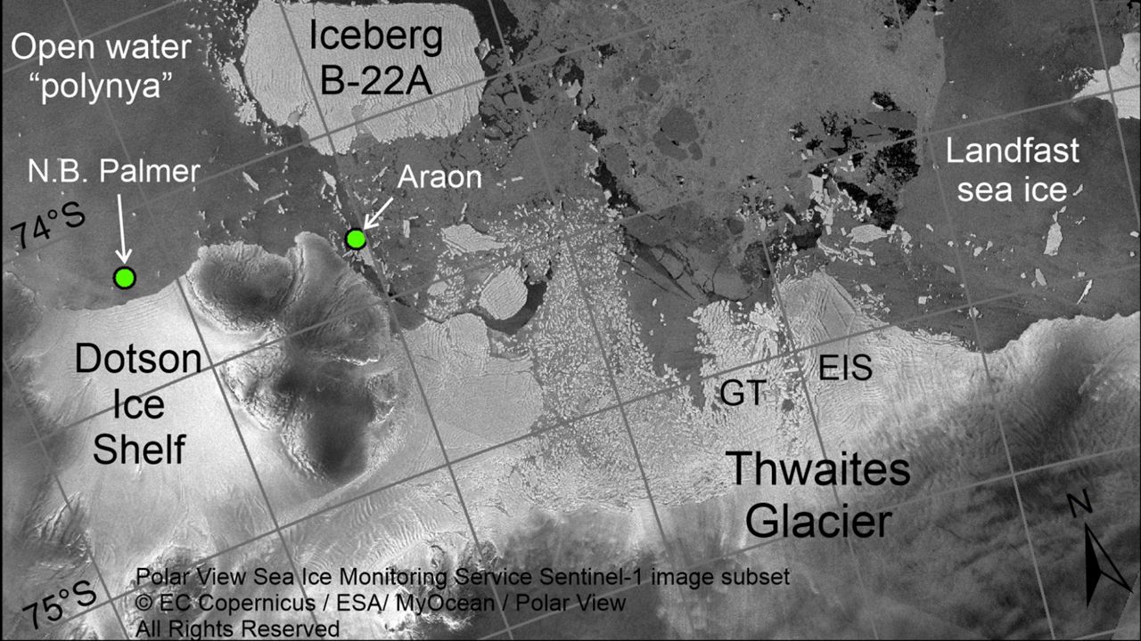 This Tuesday, Feb. 1, 2022 satellite image from the European Space Agency, annotated by marine geophysicist Robert Larter, shows the positions of research vessels RVIB Nathaniel B. Palmer and the RV Araon on Feb. 2., on the ice shelf areas extending from Thwaites Glacier in Antarctica. (Robert Larter/British Antarctic Survey, ESA via AP)