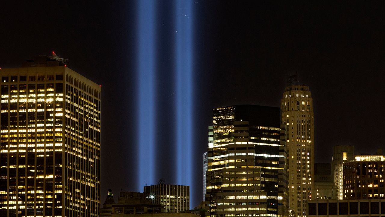 The Tribute in Light rises above the lower Manhattan skyline, Sunday, Sept. 10, 2017, in New York. (AP Photo/Mark Lennihan)