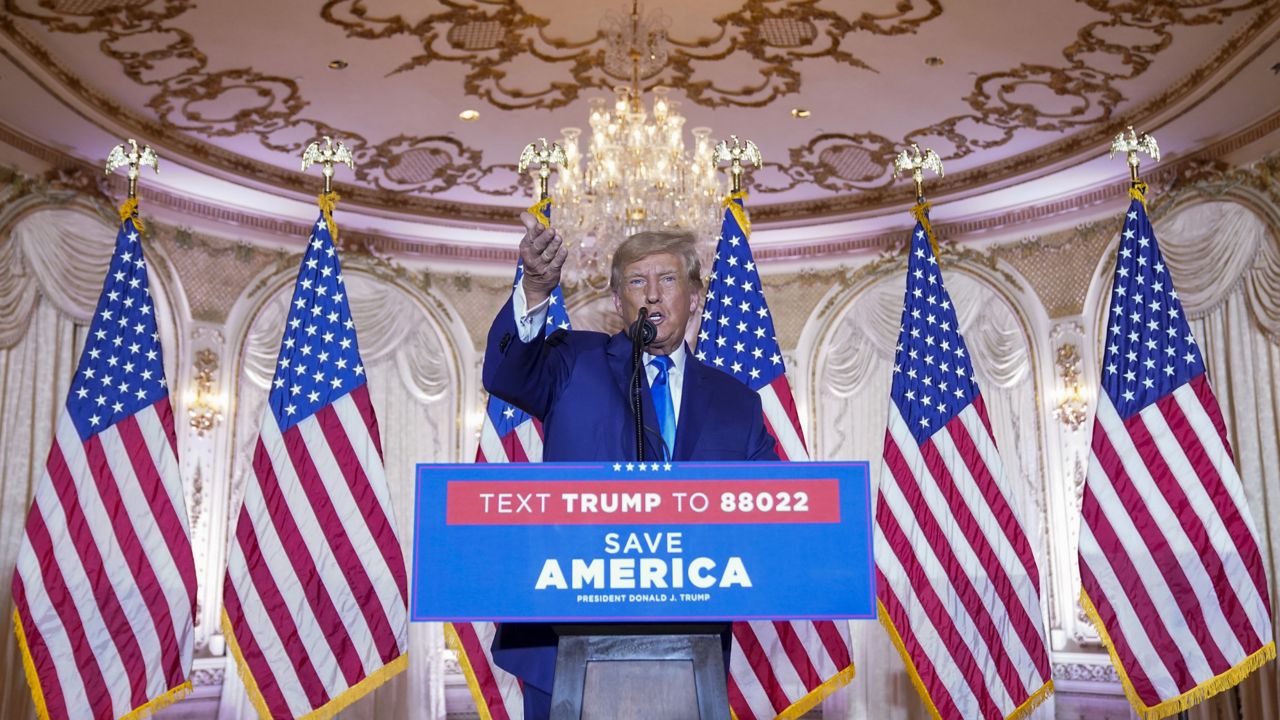 Former President Donald Trump speaks at Mar-a-lago on Election Day, Tuesday, Nov. 8, 2022, in Palm Beach, Fla. (AP Photo/Andrew Harnik)