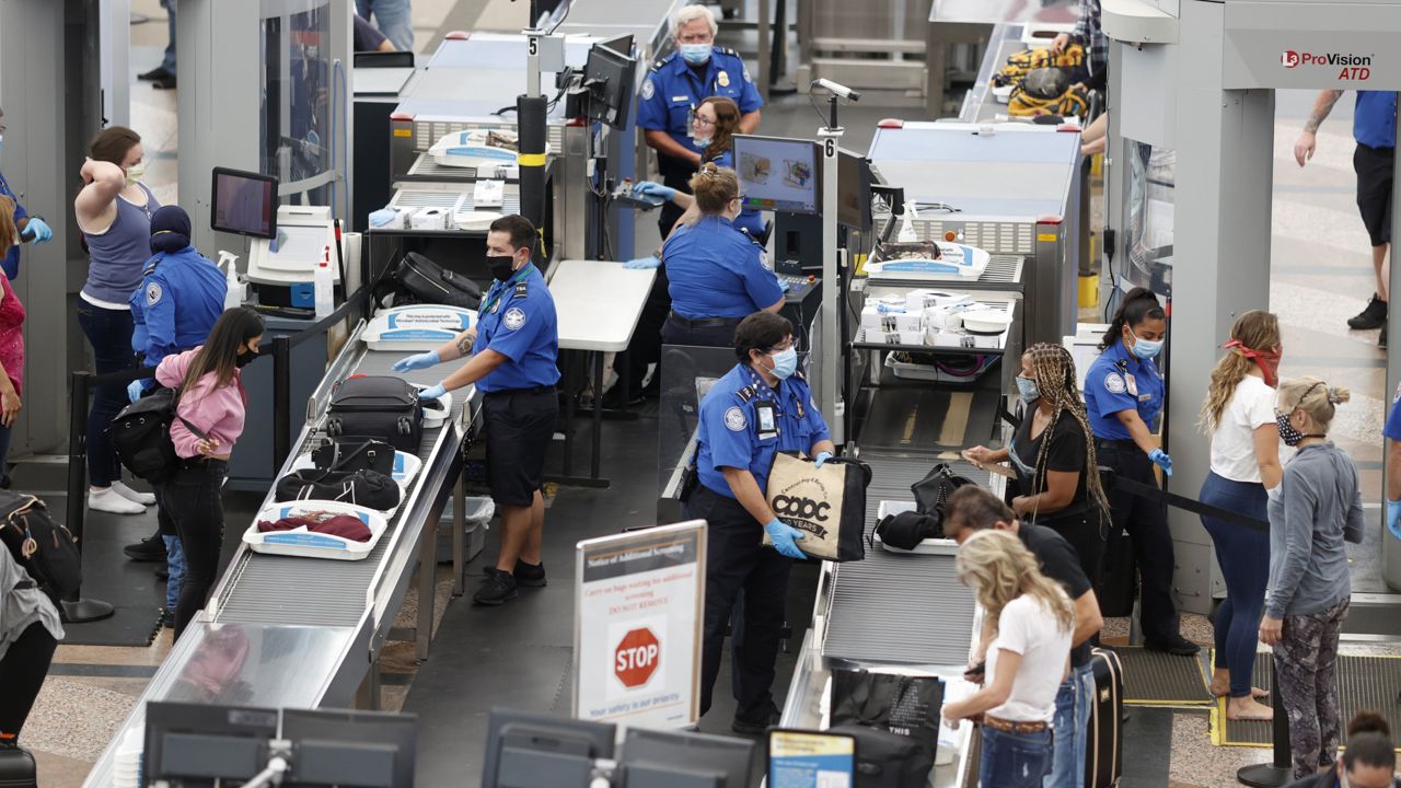 FILE: Transportation Security Administration agents work at the south security checkpoint in Denver International Airport. (AP Photo/David Zalubowski)
