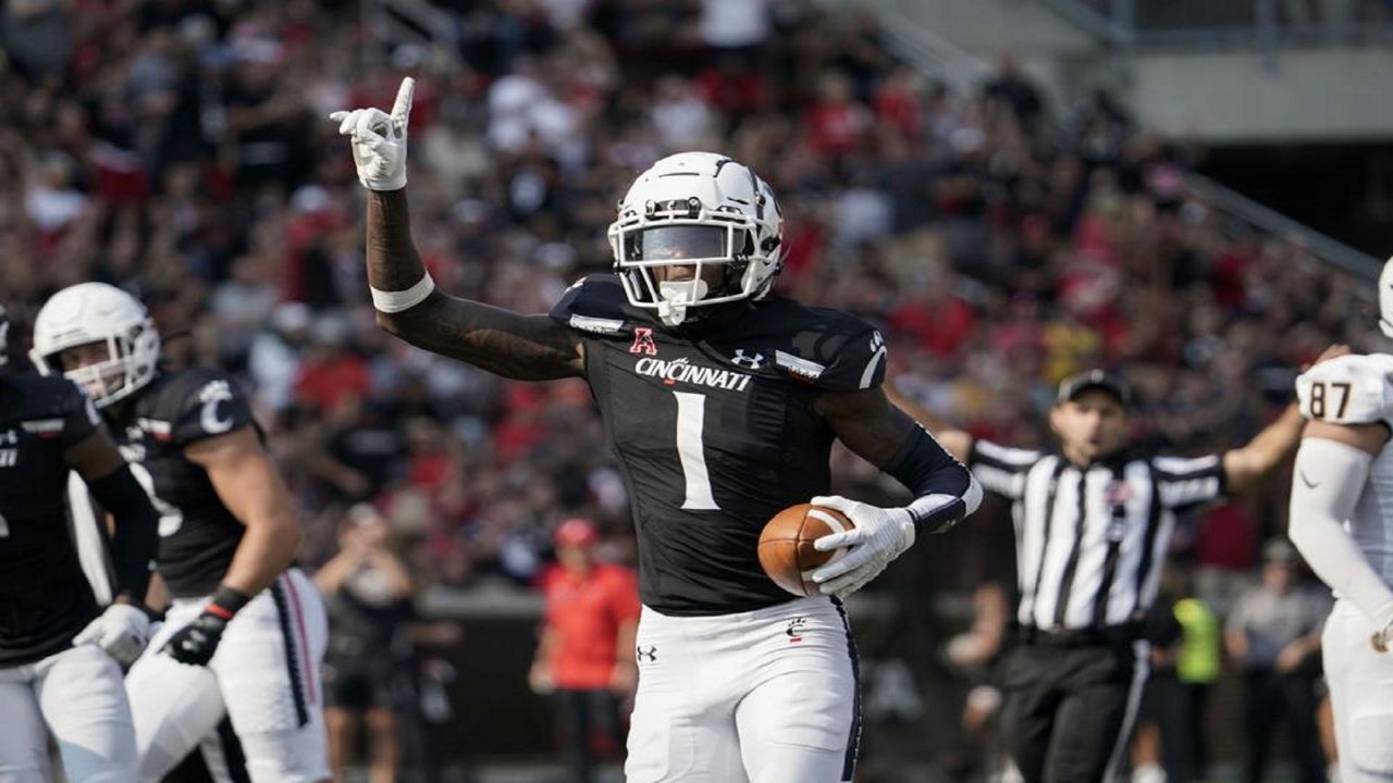 FILE - Cincinnati cornerback Ahmad Gardner (1) celebrates an interception of a Murray State pass during the first half of an NCAA college football game Sept. 11, 2021, in Cincinnati. (AP Photo/Jeff Dean, File)