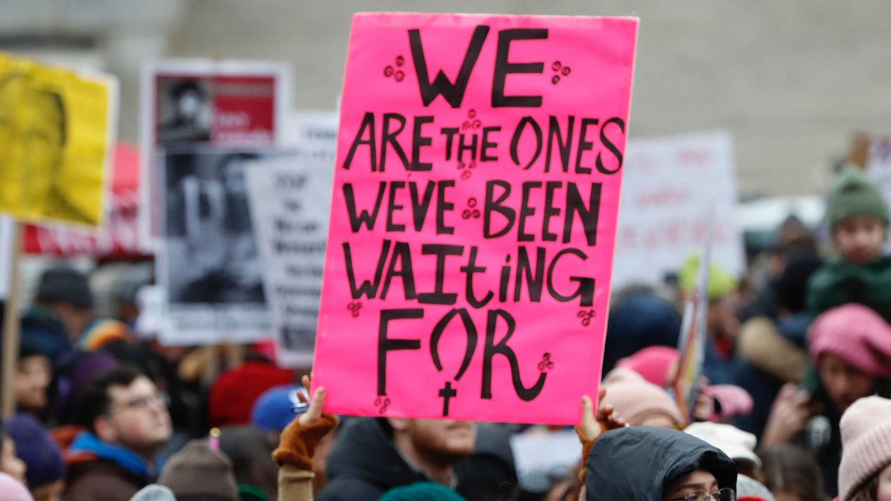 Participants gather at a rally organized by Women's March NYC at Foley Square in Lower Manhattan, Saturday, Jan. 19, 2019, in New York. (AP Photo/Kathy Willens/File)