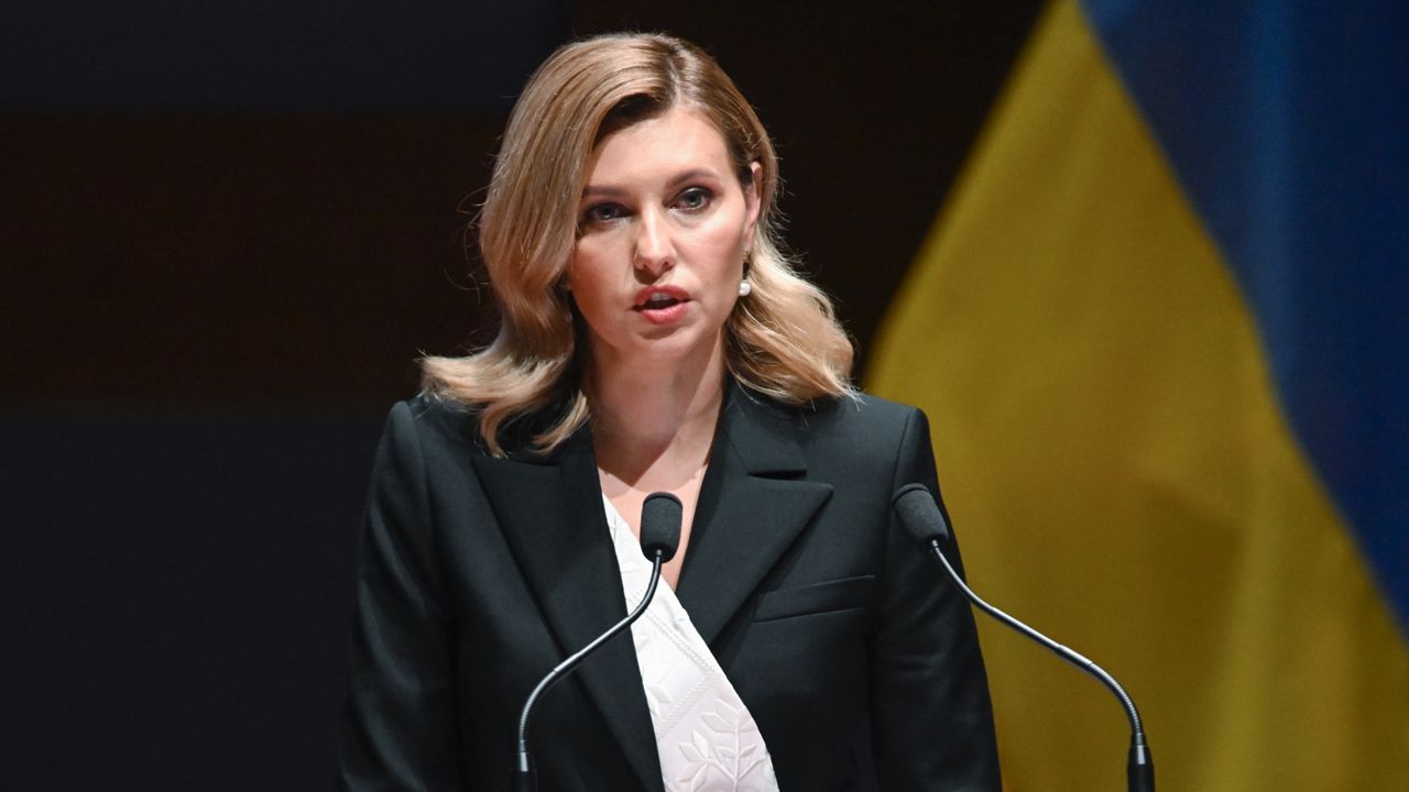 Olena Zelenska, the first lady of Ukraine, addresses members of Congress on Capitol Hill in Washington, Wednesday, July 20, 2022. (Saul Loeb/Pool Photo via AP)