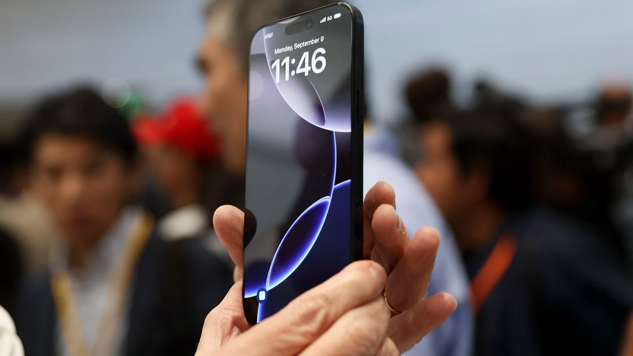 The new iPhone 16 is displayed during an announcement of new products at Apple headquarters Monday, Sept. 9, 2024, in Cupertino, Calif. (Courtesy: AP/Juliana Yamada)