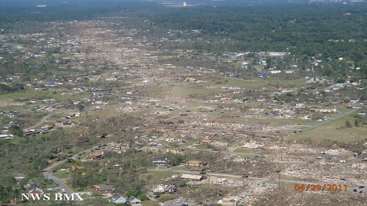 Aerial view of the destruction in Birmingham, AL on April 27, 2011