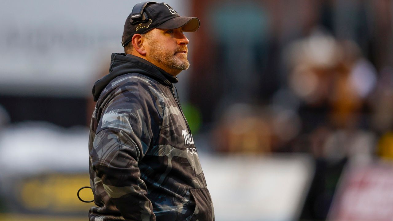 Appalachian State head coach Shawn Clark looks on as his team plays James Madison during an NCAA football game on Saturday, Nov. 23, 2024, in Boone, N.C. (AP Photo/Nell Redmond)