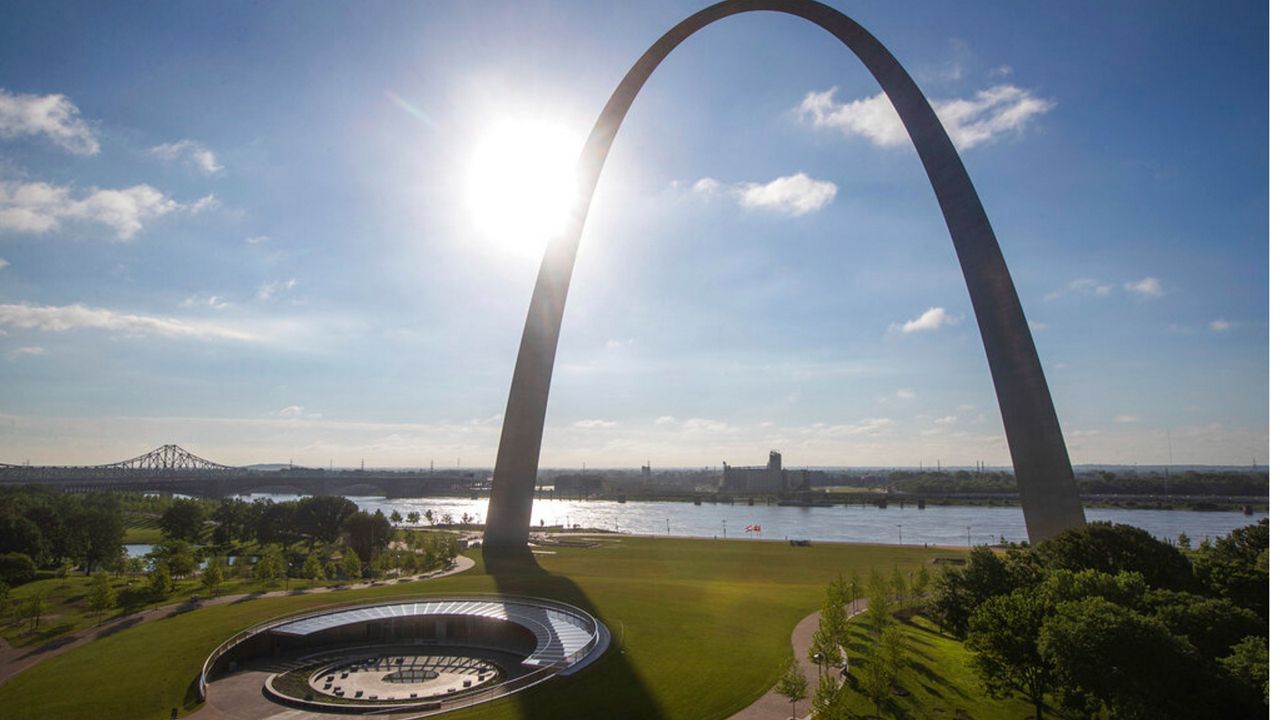 In this Oct. 23, 2015 file photo, welds are seen going up the south leg of the stainless steel Gateway Arch in St. Louis. Under President Dwight D. Eisehower, the nation prepared for the 50th birthday of the National Park Service with a spending splurge that refurbished Independence Hall in Philadelphia and helped complete the Gateway Arch in St. Louis and the 469-mile Blue Ridge Parkway. Next year, the world-famous system turns 100 and the celebration will be far more modest. (AP Photo/Jeff Roberson, File)