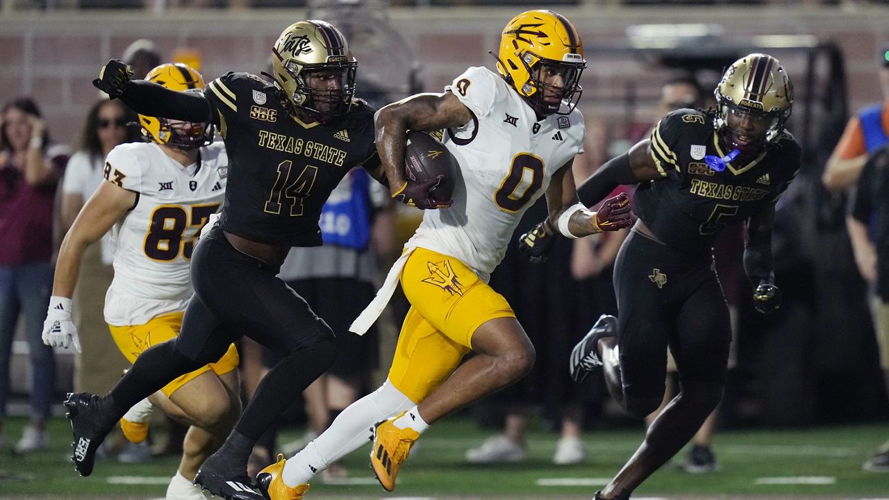 Arizona State wide receiver Jordyn Tyson (0) runs for a touchdown after making a catch against Texas State during the first half of an NCAA college football game in San Marcos, Texas, Thursday, Sept. 12, 2024. (AP Photo/Eric Gay)