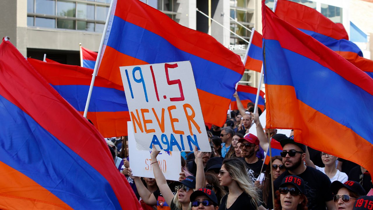 Huge crowds of Armenian Americans march during an annual commemoration of the deaths of 1.5 million Armenians under the Ottoman Empire in Los Angeles, April 24, 2019. (AP Photo/Damian Dovarganes)