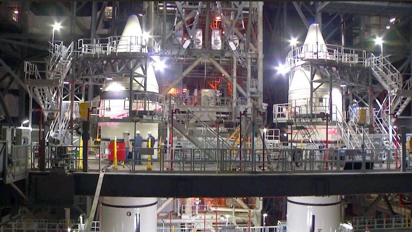 The Artemis I boosters are stacked Wednesday at Kennedy Space Center. (Justin Soto/Spectrum News 13)