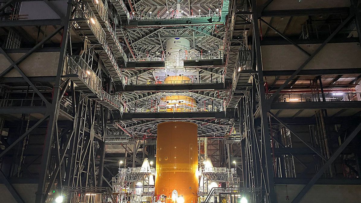 NASA's Space Launch System (SLS) rocket with the Orion spacecraft inside the Vehicle Assembly Building (VAB) at NASA's Kennedy Space Center. (Will Robinson-Smith)
