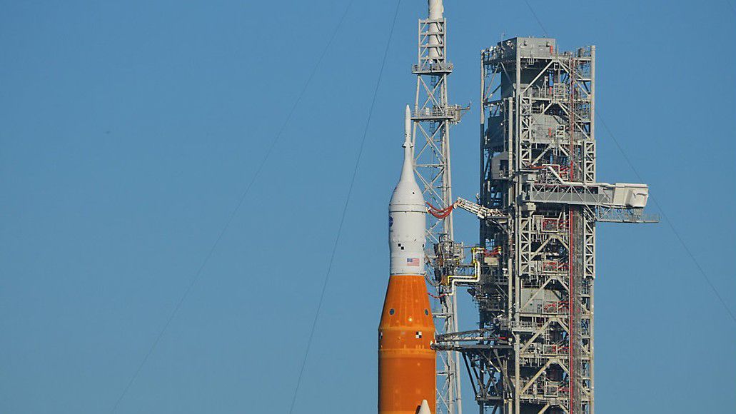 The Space Launch System rocket and Orion spacecraft stand at the ready at Launch Complex 39B at NASA's Kennedy Space Center on Sept. 6, 2022. The rocket has remained at the launch pad since it rolled out from the Vehicle Assembly Building on Aug. 16, 2022. (Spectrum News/Will Robinson-Smith)