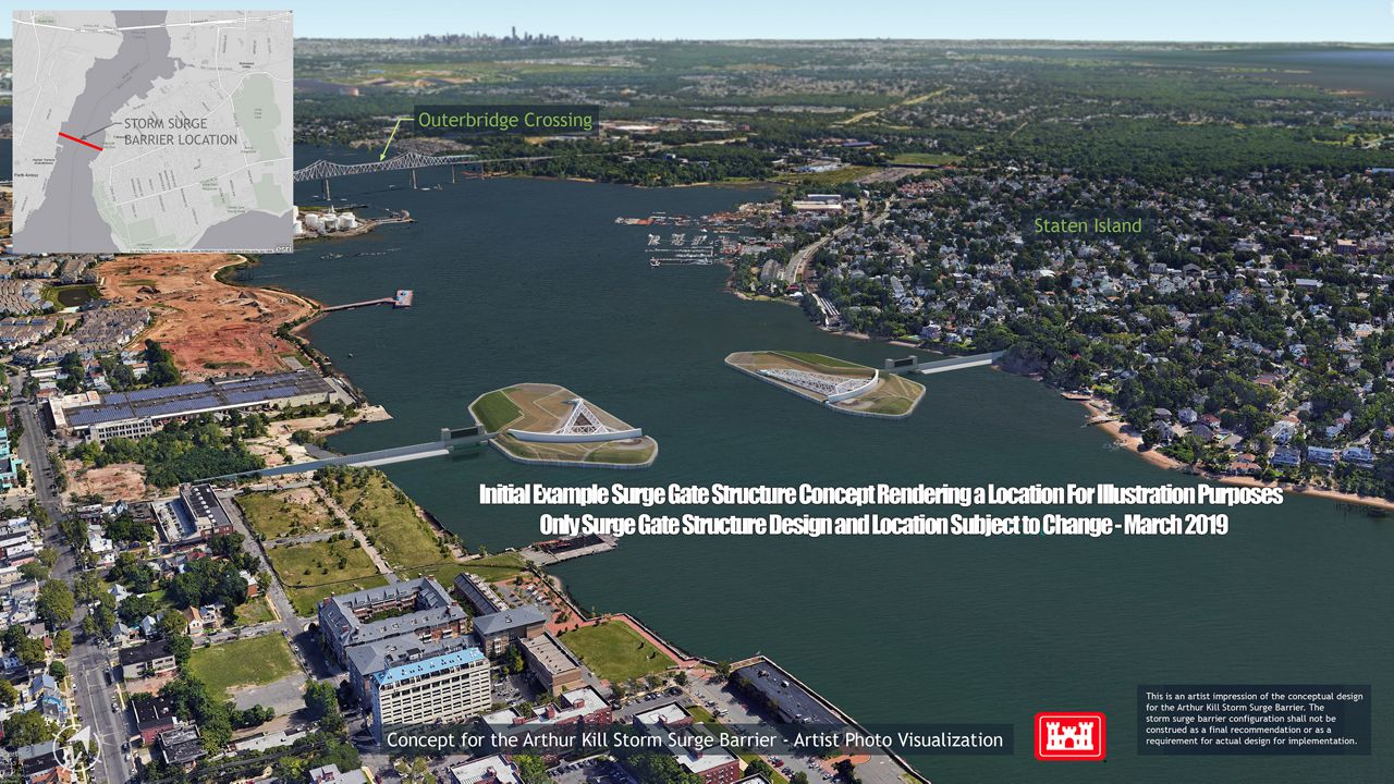 A simulation image from the Army Corps of Engineers shows a proposed design for a storm gate near the mouth of the Arthur Kill, which separates Staten Island and New Jersey. (Credit: USACE)