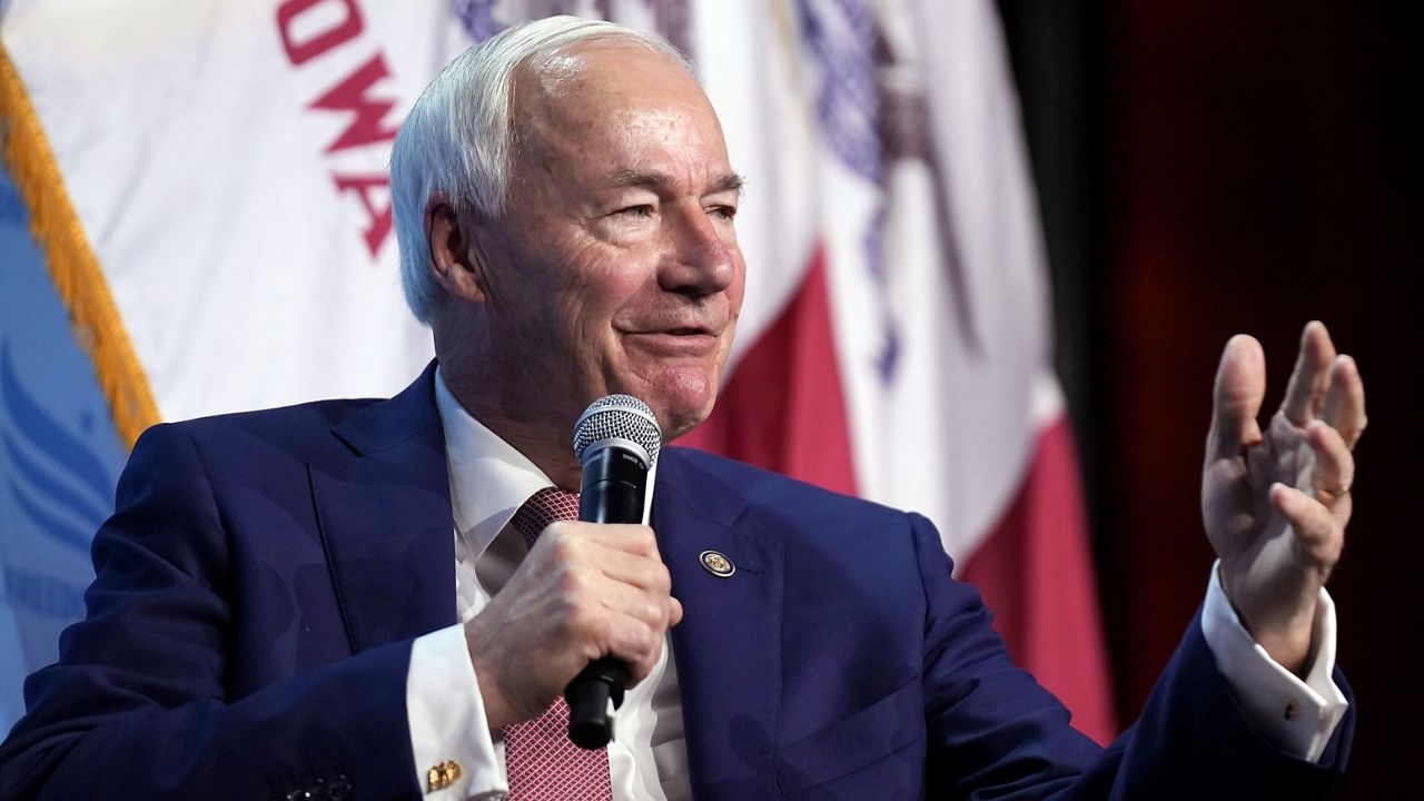 Republican presidential candidate and former Arkansas Gov. Asa Hutchinson speaks at the Iowa Faith & Freedom Coalition's fall banquet, Saturday, Sept. 16, 2023, in Des Moines, Iowa. (AP Photo/Bryon Houlgrave)