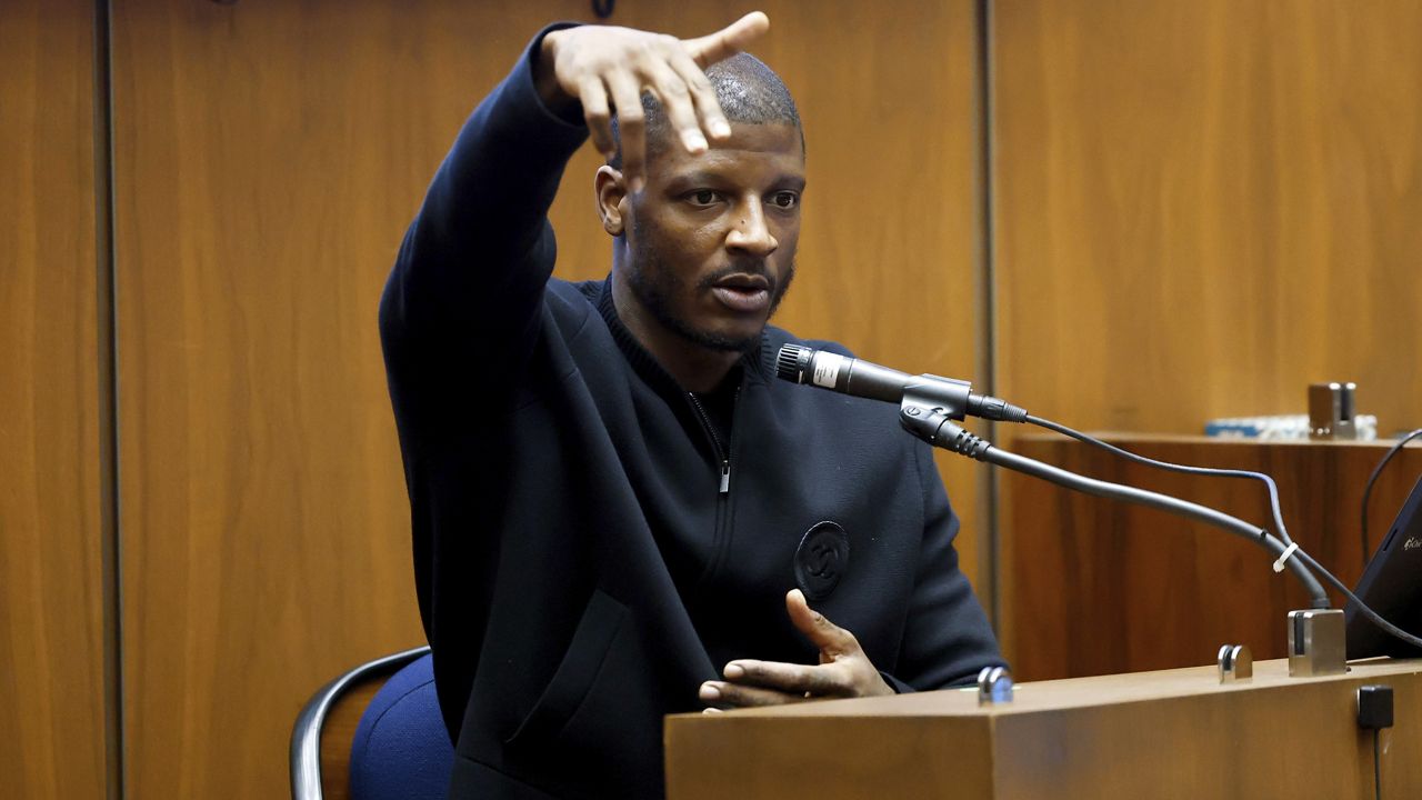 A$AP Relli testifies Wednesday during A$AP Rocky's trial at the Clara Shortridge Foltz Criminal Justice Center in Los Angeles. (Frazer Harrison/Pool via AP)