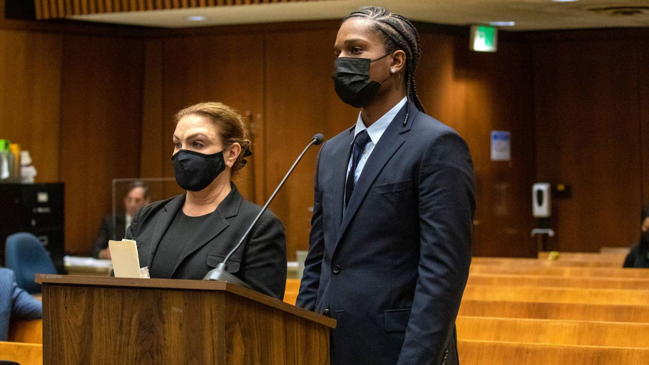 Rapper A$AP Rocky, right, appears in a Los Angeles Superior courtroom on Wednesday, Aug. 17, 2022, and pleaded not guilty to assault charges stemming from a November 2021 run-in with a former friend in Hollywood. The rapper, whose real name is Rakim Mayers, remains free on $550,000 bond and is due back in court Nov. 2, 2022. (Irfan Khan/Los Angeles Times via AP, Pool)