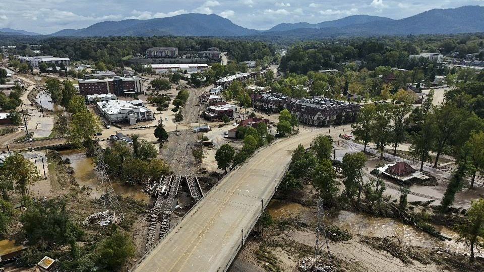 Debris is seen in the aftermath of Hurricane Helene, Monday, Sept. 30, 2024, in Asheville, N.C. (AP Photo/Mike Stewart)