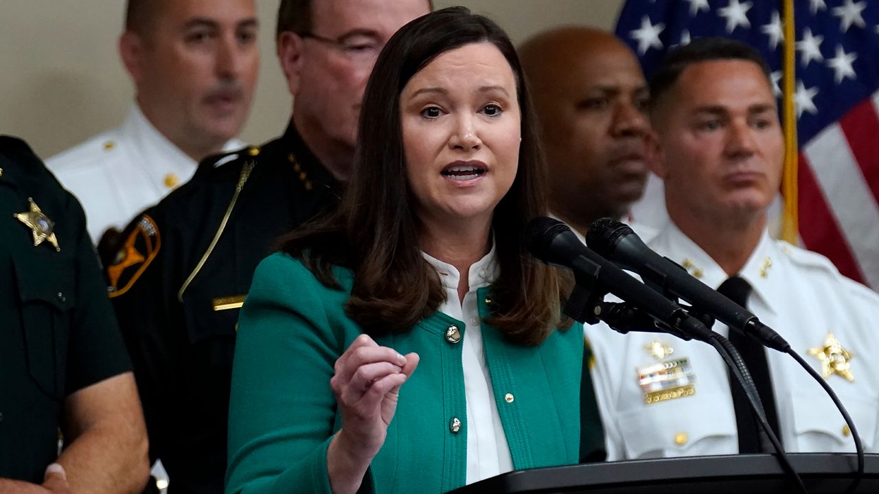 Florida Attorney General Ashley Moody speaks during a news conference with Florida Gov. Ron DeSantis on Aug. 4, 2022 in Tampa. (AP/Chris O'Meara)