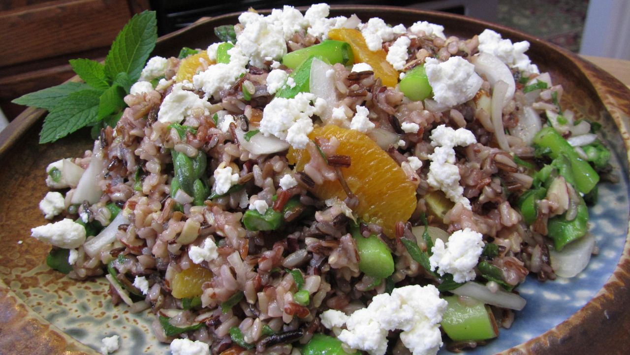 Wild Rice Salad with Asparagus, Oranges, Almonds and Feta Cheese