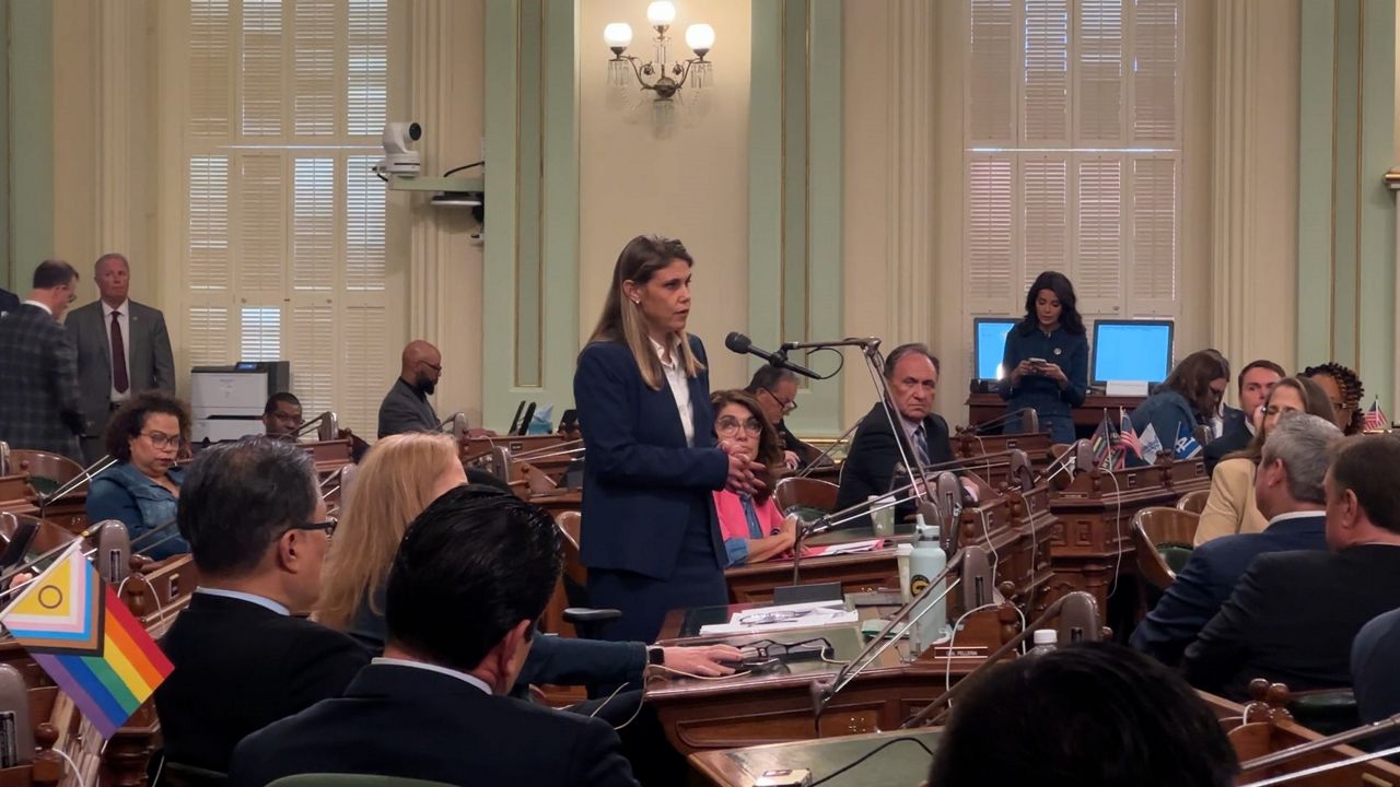 Assemblymember Maggy Krell speaking on the assembly floor about anti-sex trafficking bill. (Spectrum News/Daniela Pardo)