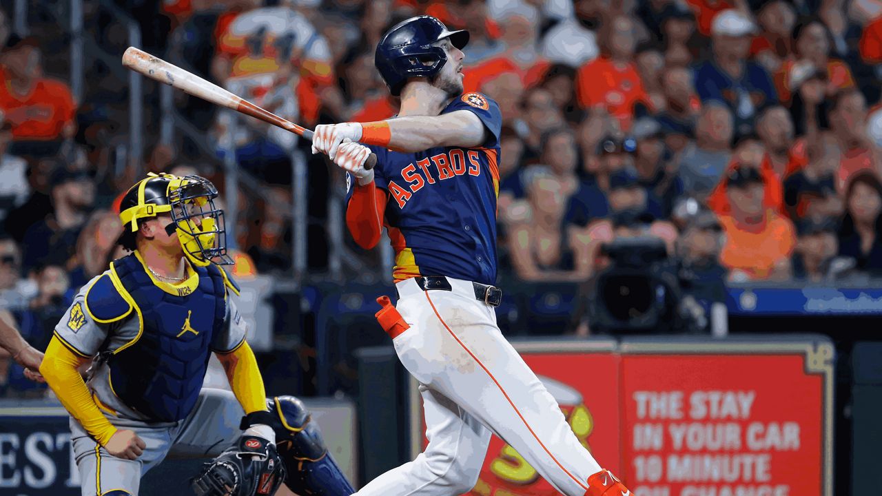 Houston Astros' Kyle Tucker, right, watches his three-run home run in front of Milwaukee Brewers catcher William Contreras,