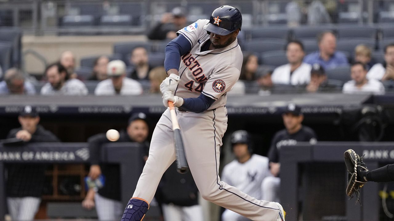 Houston Astros' Yordan Alvarez hits a double against the New York Yankees during the fifth inning of a baseball game Thursday, May 9, 2024, in New York. (AP Photo/Frank Franklin II)