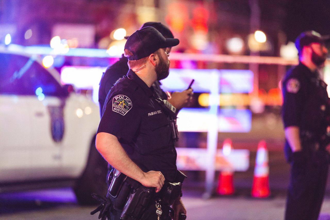 Police on the scene of a shooting in downtown Austin, Texas, that injured 14 people in this image from June 12, 2021. (Courtesy: Metro Video Services, LLC.)