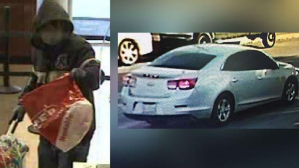Security footage of robber, car suspect fled in. Images/Austin Police Dept.