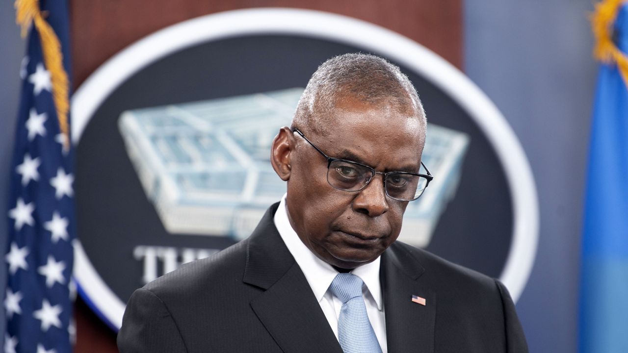 Defense Secretary Lloyd Austin speaks during a press briefing at the Pentagon on Monday, May 20, 2024, in Washington. (AP Photo/Kevin Wolf)